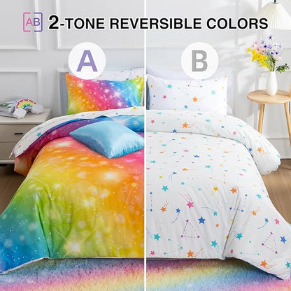 A Nice Night 6Pcs Gradient Glitter Bedding Set for Girls, Colorful Rainbow Galaxy Comforter Set, Ultra Soft Bedding Sets (Multi,Full 6Pcs)