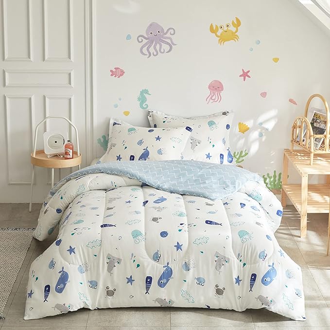 Joyreap 3pcs Premium Cotton Comforter Set for Kids Boys n Girls, Vibrant Ocean Theme Starfish Whale Crab Printed, Skin-friendly Breathable Bedding Comforter for All Season (Full/Queen, 88x88 inches)