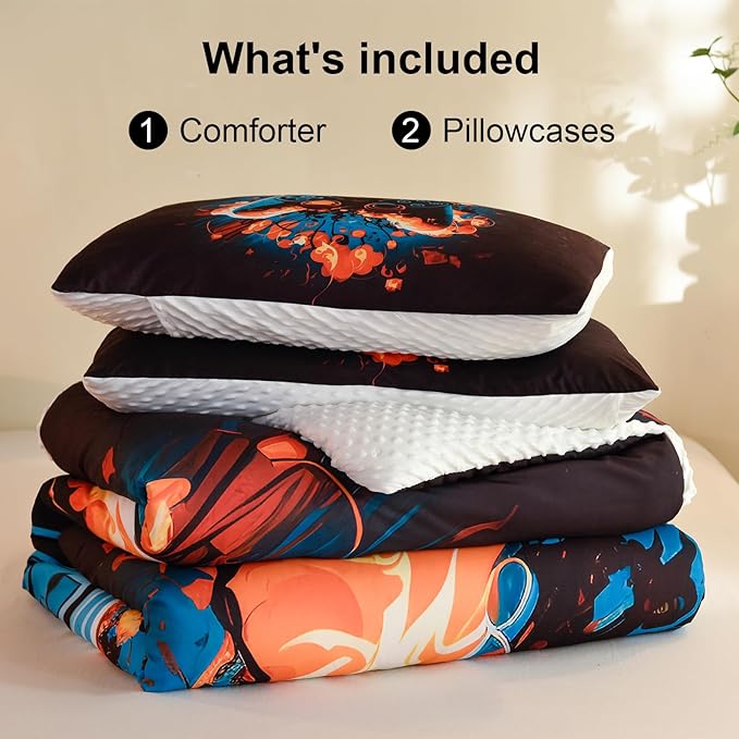 Video Game Queen Size Comforter Set for Boys Kids Teens Gamepad Gaming Controller and Fire Pattern Bedding Set- 3 Piece Quilt with 2 Pillowcases (90"x90")