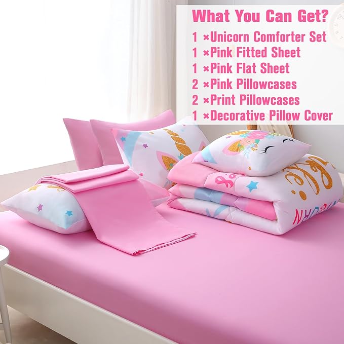 JQinHome Unicorn Full Bedding Sets for Girls Kids,8 Piece Bed in A Bag 3D Colorful Flower Girl Unicorn Comforter Set with Sheet Set(Sparkle)