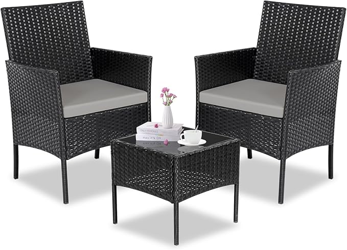 Patio Furniture Set 3 Pieces All-Weather Rattan Outdoor Furniture Patio Chairs with Tempered Glass Table for Porch Bistro Balcony Bistro Set(Black/Grey-3)