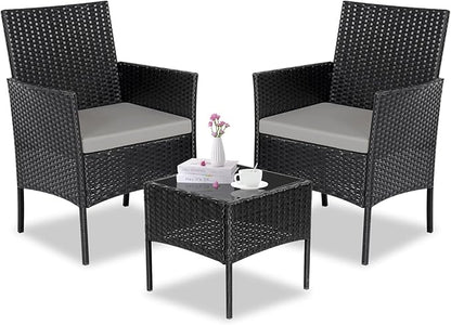 Patio Furniture Set 3 Pieces All-Weather Rattan Outdoor Furniture Patio Chairs with Tempered Glass Table for Porch Bistro Balcony Bistro Set(Black/Grey-3)