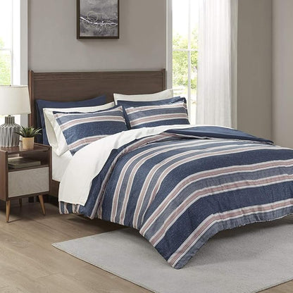 Comfort Spaces Bed in A Bag Comforter Set - College Dorm Room Essentials for Boys Men Bedding, Complete Dormitory Bedroom Pack And Sheet with 2 Side Pockets, King, Stripes Navy/Red