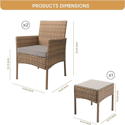 YIYAN 3 Pieces Patio Bistro Set Outdoor Wicker Furniture Outdoor Porch PE Rattan Wicker Chairs Furniture Sets with Sofa Chairs,Glass Coffee Table and Gray Washable Cushion