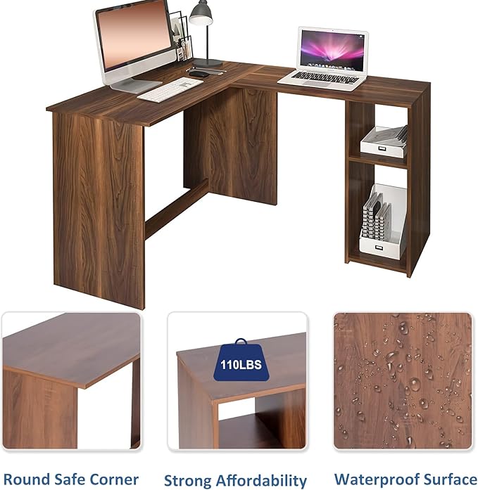 FurnitureR 47.2-Inch L-Shaped Computer Desk Home Office Study Writing Corner Gaming Table Retro Design Work Station Space-Saving for Study Room Bedroom, Walnut