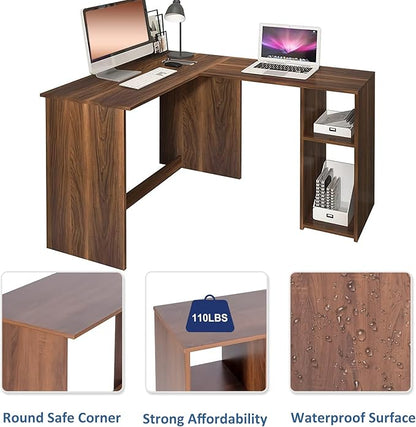 FurnitureR 47.2-Inch L-Shaped Computer Desk Home Office Study Writing Corner Gaming Table Retro Design Work Station Space-Saving for Study Room Bedroom, Walnut