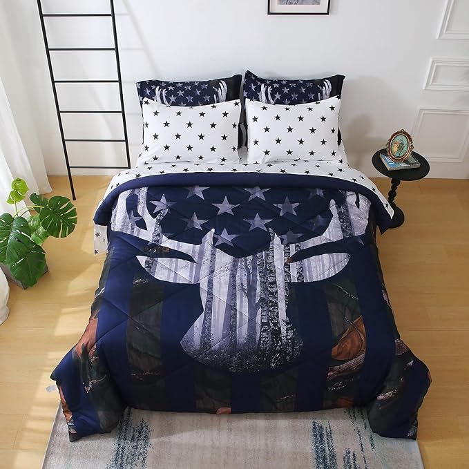 Camo Deer Comforter Set Twin Size 7 Piece Bed in A Bag Camouflage American Flag Bedding Set for Boys Kids Teens Men Super Soft All Season