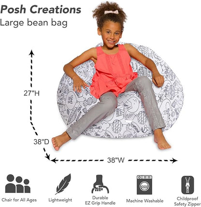 Posh Creations Bean Bag Chair for Kids, Teens, and Adults Includes Removable and Machine Washable Cover, Canvas Coloring Fabric - Fun Creatures, 38in - Large