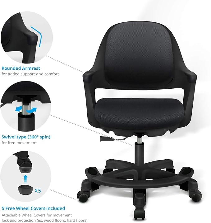 Kids Desk Chair: Ergonomic Kids Computer Chair | Adjustable Kids Office Chair with Wheels & Arms | Study Chair for Girls and Boys - Kids Chair Desk with Wheel Covers (Piano Black)