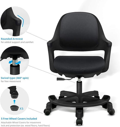 Kids Desk Chair: Ergonomic Kids Computer Chair | Adjustable Kids Office Chair with Wheels & Arms | Study Chair for Girls and Boys - Kids Chair Desk with Wheel Covers (Piano Black)