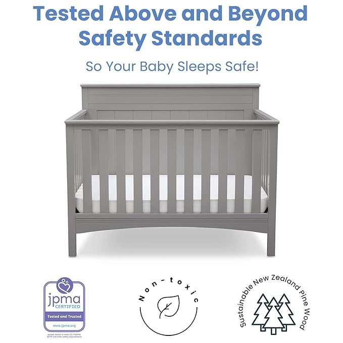 Delta Children Fancy 4-in-1 Crib, Grey + Serta Perfect Slumber Dual Sided Recycled Fiber Core Crib and Toddler Mattress (Bundle)