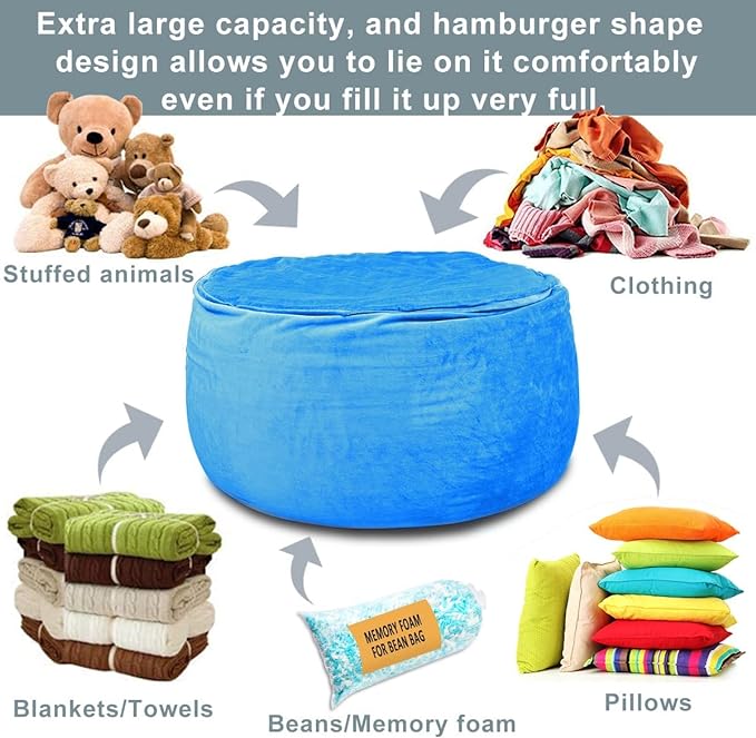 Bean Bag Chair Cover, Stuffed Animal Storage, Plush Toys Organizer Holder, Beanbag Chairs Cover for Kids Teans and Adults Super Soft and Comfortable Fabric X-Large with Handle and Zipper -Round Blue