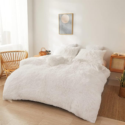 FOPPA Luxury Faux Fur Comforter Cover Set Ultra Soft Plush Bedding Sets 3 Pieces (1 Faux Fur Duvet Cover + 2 Faux Fur Pillow case) Zipper (White, Queen)
