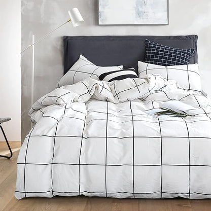 White Grid Comforter Set Big Grid Bedding Set Twin Cotton White with Black Plaid Printed Stripes Women Checkered Comforters Bedding Set White Grid Bed Blanket Set White Plaid Comforter
