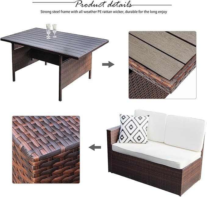 Solaste 7 Piece Patio Furniture Set, All Weather Wicker Patio Conversation Sets with Cushion Seat & Pillows, Outdoor Dining Set, Patio Furniture Outdoor Sectional, Brown