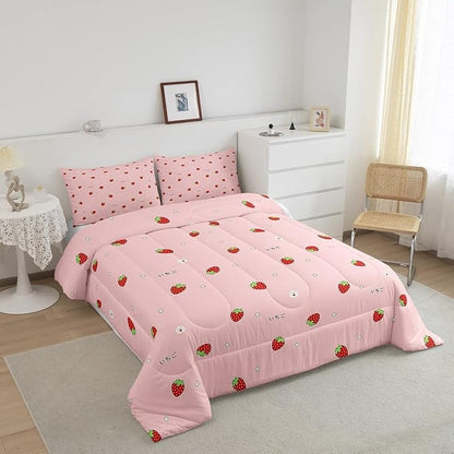 Girls Strawberry Comforter Set King Kawaii Strawberry Comforter for Kids Japanese Style Pink Cute Cartoon Fruit Food Theme Bedding Set Girly White Floral Down Comforter Reversible Soft Lightweight
