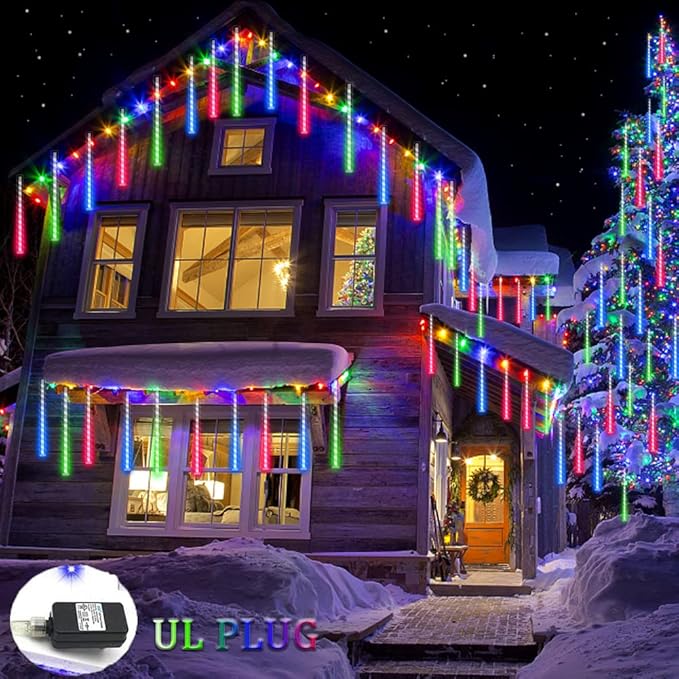 Meteor Shower Lights UL Certified 192 LED Falling Rain Lights with 30cm 8 Tubes rain Drop Christmas Icicle Cascading Lights for Xmas Halloween Decorations Party Holiday Garden Tree,Multicolor