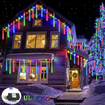 Meteor Shower Lights UL Certified 192 LED Falling Rain Lights with 30cm 8 Tubes rain Drop Christmas Icicle Cascading Lights for Xmas Halloween Decorations Party Holiday Garden Tree,Multicolor