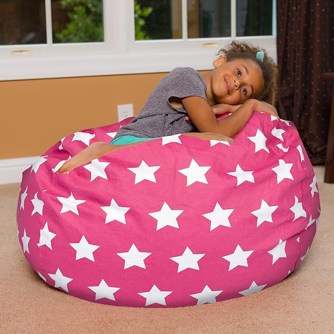 Posh Creations Bean Bag Chair for Kids, Teens, and Adults Includes Removable and Machine Washable Cover, 38in - Large, Canvas White Stars on Pink
