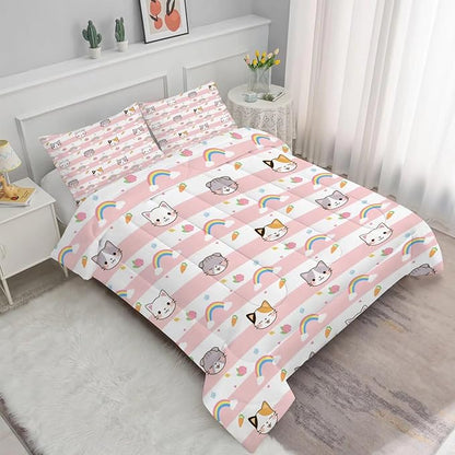 Cat Comforter Set Queen Size Pink Plaid Rainbow Bedding for Teen Girls Women Cloud Cute Boho Bedroom Dorm Quilt 1 Comforter + 2 Pillow Cases