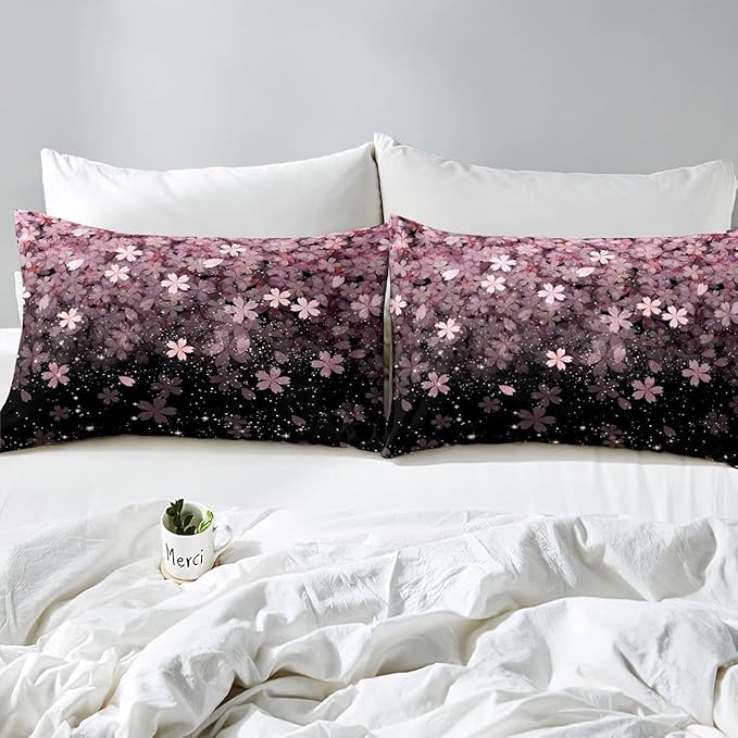 Erosebridal Cherry Blossom Comforter Set King Size, Pink Flower Down Comforter, Petal Floral Quilted Duvet, Starry Sky Glitter Girly Warm Duvet Insert, Bedroom Living Dorm Room Decorative