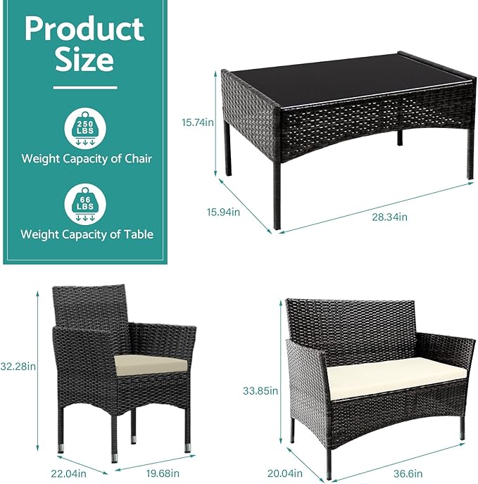 Patio Furniture, 4 Piece Conversation Set, Outdoor Wicker Rattan Table and Chairs, Sectional Sofa with Thick Cushion for Garden, Yard, or Porch, Dark Black
