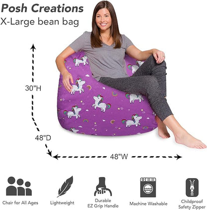 Posh Creations Bean Bag Chair for Kids, Teens, and Adults Includes Removable and Machine Washable Cover, 48in - X-Large, Canvas Unicorn and Rainbows on Purple