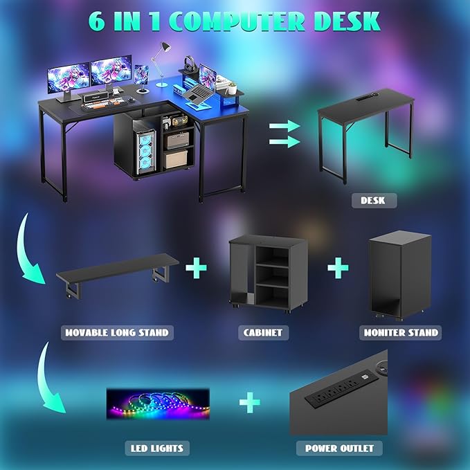 Cyclysio L Shaped Computer Desk, 58'' Reversible Gaming Desk with LED Strip & Adjustable Monitor Stand, Office Desk with Black Cabinet & Outlets, Corner Desk 2 Person Writing Study Table, Black