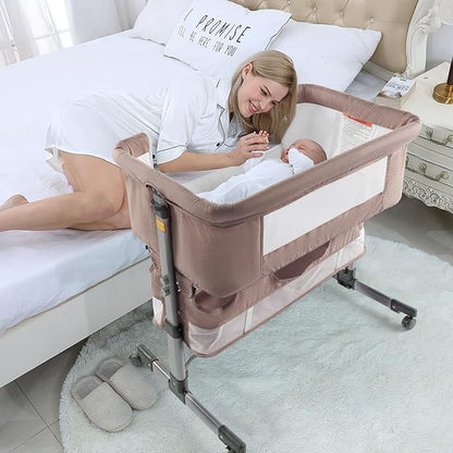 3in1 Bedside Crib for Girl or Boy, Bedside Sleeper for Baby Portable and Adjustable Crib with Mosquito net for Newborn Baby,Deep Khaki
