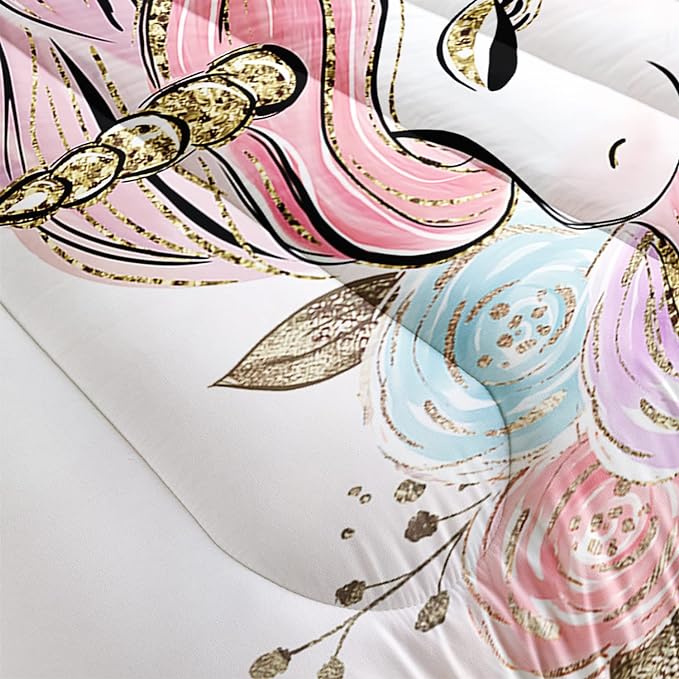 CVHOUSE Unicorn Bedding Queen Size,Unicorn Bedding Set for Girls Kids,Cute Unicorn Comforter Set Chrismas Duvet Set Unicorn Quilt Set Girls Room Decor 3 Pieces