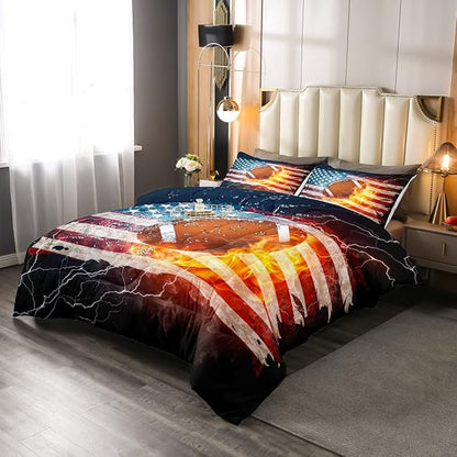Boys American Football Comforter Set, United States Flag Down Comforter Twin Size, Soccer Sports Games Bedding Set for Kids Teens Adult Men, Geometric Stripes Retro Duvet Sets, Blue White and Red