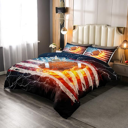 Boys American Football Comforter Set, United States Flag Down Comforter Queen Size, Soccer Sports Games Bedding Set for Kids Teens Adult Men, Geometric Stripes Retro Duvet Sets, Blue White and Red