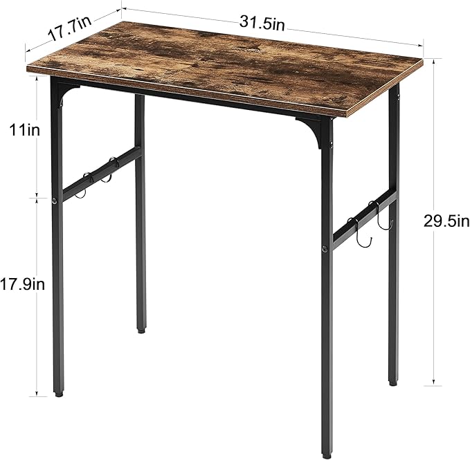 VECELO 32" Computer Writing Desk for Home Office, Study Table Workstation for Small Spaces with 4 Hooks & Adjustable Legs, Metal Frame,Brown, 32Inches