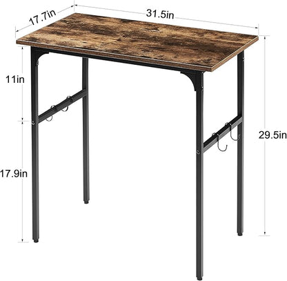 VECELO 32" Computer Writing Desk for Home Office, Study Table Workstation for Small Spaces with 4 Hooks & Adjustable Legs, Metal Frame,Brown, 32Inches