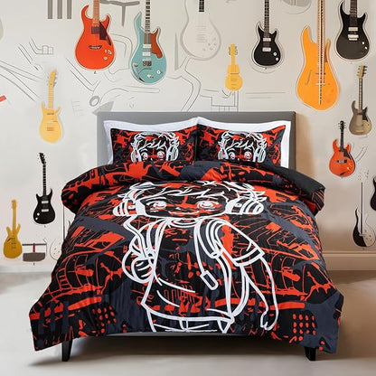 Btargot Colorful Camouflage Graffiti Style Comforter Set, 3 Piece Headphone Hip Hop Boy Line Pattern Bedding Set for Kids Boys Grils Teen, Twin Red