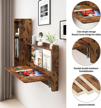Pmnianhua Farmhouse Floating Desk,41''Wall Mounted Desk,L Shaped Folding Table,Fold Down Laptop Computer Desk with Storage for Wall Bedroom Small Space (Rustic Brown-Left)