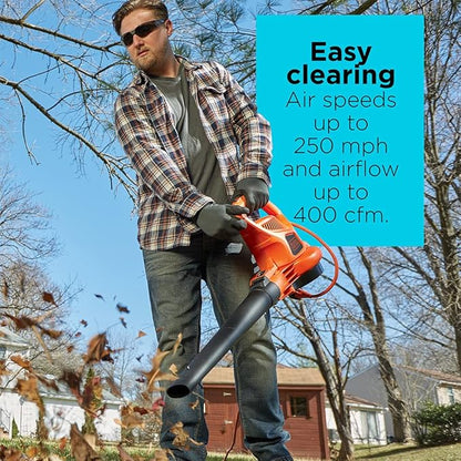 BLACK+DECKER Electric Leaf Blower, Leaf Vacuum and Mulcher 3 in 1, 250 mph Airflow, 400 cfm Delivery Power, Reusable Bag Included, Corded (BEBL7000)