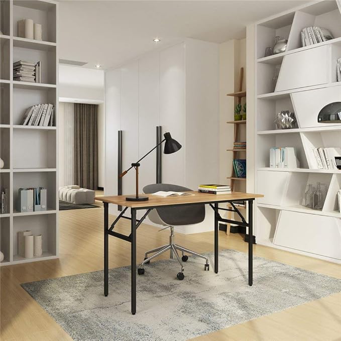 SDHYL 39 inchesNo Assembly Foldable Computer Desk for Home Office Workstation, Study and Writing, Teak Board and Black Leg