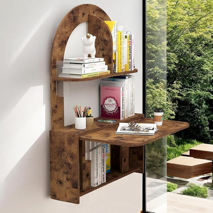 Wall Mounted Drop-Leaf Table, Floating Laptop Desk, Folding Table with Shelves, Multifunctional Computer Workstation Storage Compartments in Home Office for Space Saving (Rustic Brown)