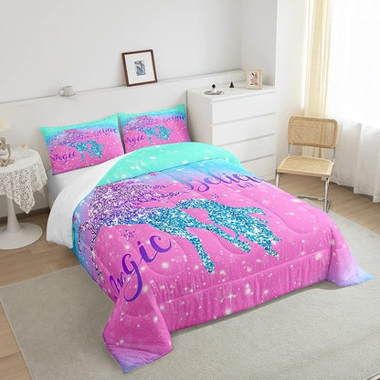 Girls Unicorn Comforter Set Twin,Glitter Gradient Bedding Set For Teens Child,Girly Sequins Magical Horse Duvet Insert For Bedroom Decor,Sparkle Galaxy Starry Sky Down Comforter,Pink Blue Quilt Set