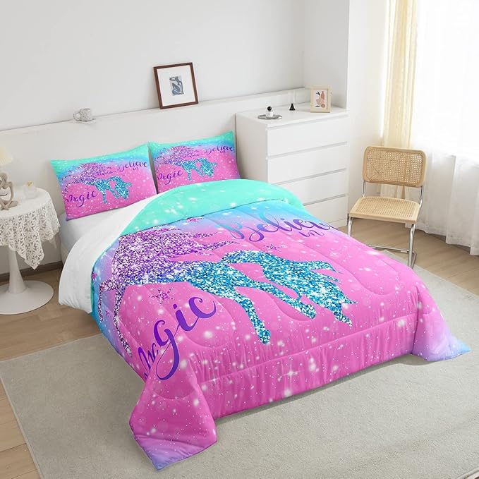 Erosebridal Pink Blue Gradient Bedding Set,Girls Fantasy Sequins Unicorn Duvet Insert for Kids Teens Women,Glitter Starry Sky Starlight Comforter Set for Room Decor,Soft Full Size with 2 Pillow Shams