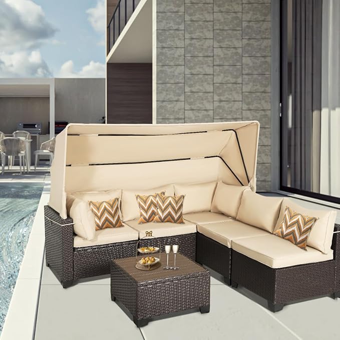6 PCS Outdoor Patio Furniture Set,Sectional Sofa Set,Rattan Daybed with Retractable Canopy,Adjustable Backrest,Storage Coffee Table for Porch Garden Poolside Backyard(Khaki)