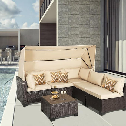 6 PCS Outdoor Patio Furniture Set,Sectional Sofa Set,Rattan Daybed with Retractable Canopy,Adjustable Backrest,Storage Coffee Table for Porch Garden Poolside Backyard(Khaki)