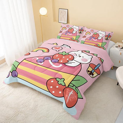Kawaii Bear Comforter Queen,Pink Bear Comforter Set for Kids Teens Girls,3Pcs Bedding Set Printed Comforter with 2 Pillowcases,Down Alternative,Soft and Lightweight，Queen Size
