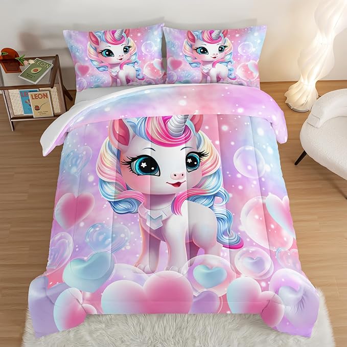HOSIMA Unicorn Bedding Sets for Girls Teens,Cartoon Kawaii Unicorn Comforter Bubble and Love Heart Bedding Set,Fantasy Unicorn Bedroom Decor for Girls Pink Purple Full Size Bed in a Bag Set.