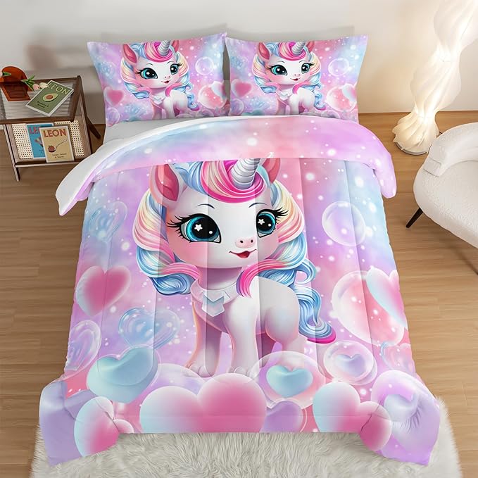 HOSIMA Unicorn Bedding Sets for Girls Teens,Cartoon Kawaii Unicorn Comforter Bubble and Love Heart Bedding Set,Fantasy Unicorn Bedroom Decor for Girls Pink Purple Queen Comforter Set.