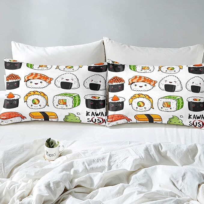 Erosebridal Kawaii Sushi Pattern Comforter Set King, Japanese Style Down Comforter, Food Theme Quilted Duvet for Kids Boys Girls Teens, Cute Cartoon Japanese Sushi Quilt Set Room Decorative
