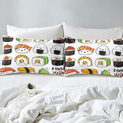 Erosebridal Kawaii Sushi Pattern Comforter Set King, Japanese Style Down Comforter, Food Theme Quilted Duvet for Kids Boys Girls Teens, Cute Cartoon Japanese Sushi Quilt Set Room Decorative