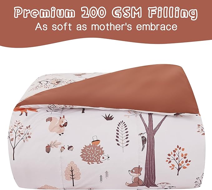 Kids Comforter Set for Boys Girls Full Size, Cute Reversible Quilted Woodland Forest Animal Print Fall Bedding with Pillow Sham, Lightweight Soft Breathable Machine Camping Themed Bed Set 3 Piece