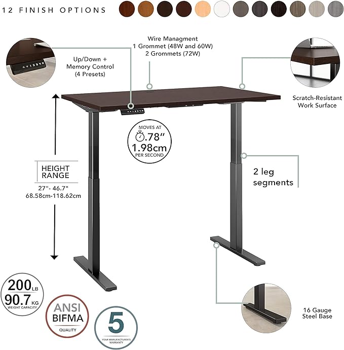 Bush Business Furniture Move 60 Electric Ergonomic Sit-Stand Computer Table for Home and Professional Office, 72W x 30D, Mocha Cherry